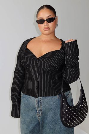 Set For Life Foldover Detail Long Sleeve Top Black / White Pinstripe Curve