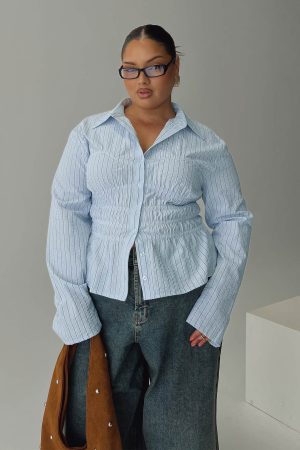 Liesel Shirred Long Sleeve Top Stripe Curve