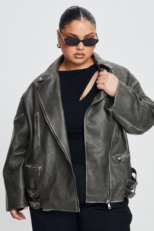 Magnets Faux Leather Jacket Washed Charcoal Curve