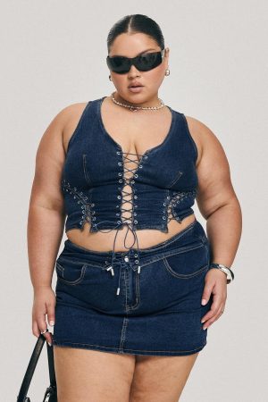 Popular Low Rise Mini Skirt Mid Blue Wash Curve