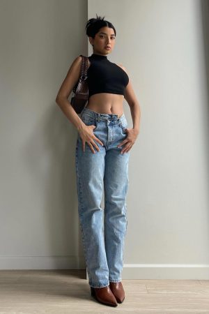 Holly Mid Rise Straight Leg Asymmetric Jean Light Wash Denim