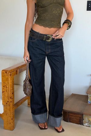 Top Model Low Rise Straight Leg Cuffed Jean Dark Denim