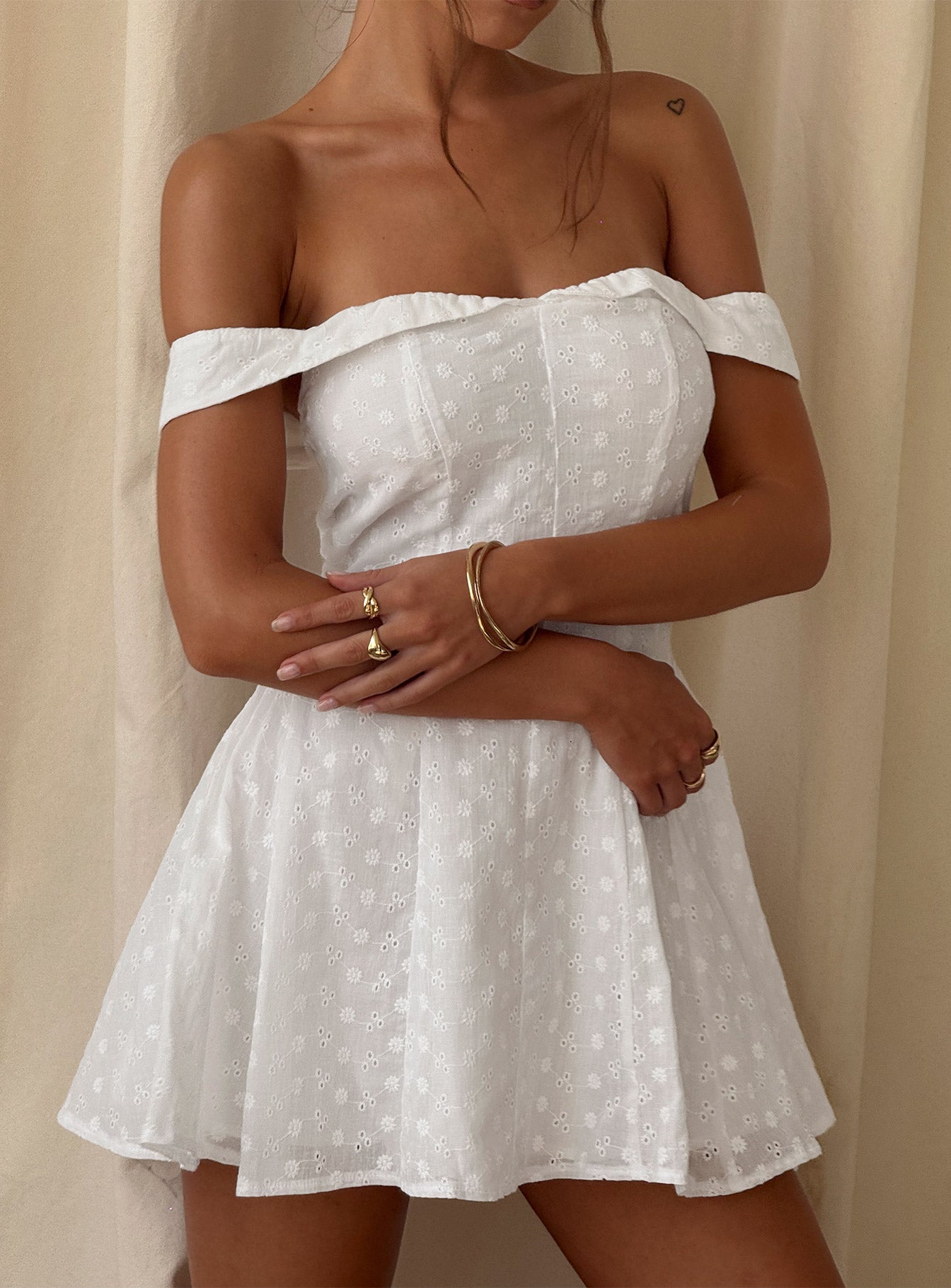 Rosebud Broderie Off The Shoulder Mini Dress White - Image 14