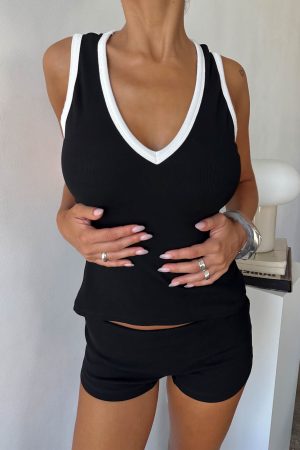 Baseline V Neck Rib Tank Top Black / White