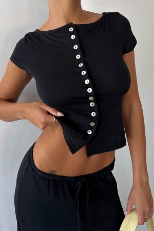 Angellina Jersey Button Down Top Black