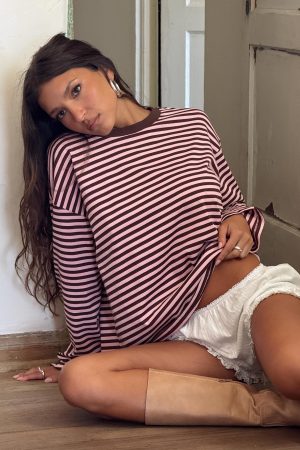 Settle Down Long Sleeve Top Pink / Brown Stripe