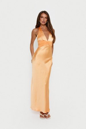 Sazenna Halter Plunge Maxi Dress Orange