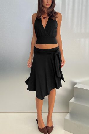 Soft Focus Tie Waist Midi Skirt Black