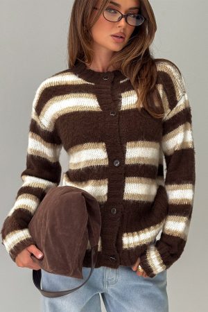 Cultivated Fluffy Knit Cardigan Brown Stripe