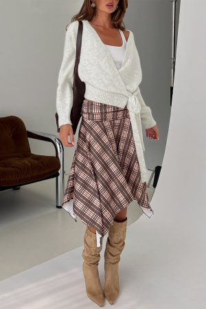 Scholar Asymmetrical Midi Skirt Brown Check