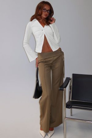 Cedrina Eyelet Fitted Suit Pants Green Pinstripe