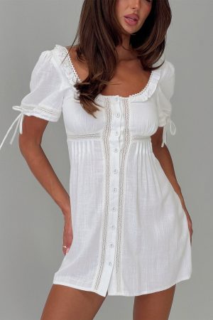 Indianah Pleat Lace Panel Mini Dress White