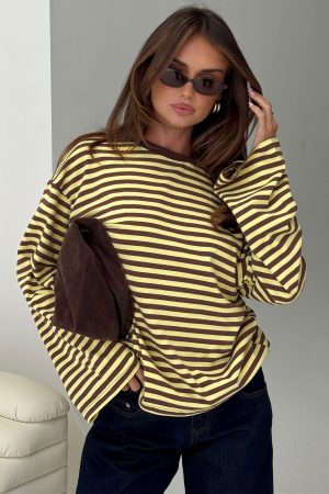 Settle Down Long Sleeve Top Yellow / Brown Stripe