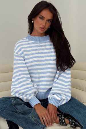 Harmony Balloon Sleeve Knit Sweater Blue / White Stripe