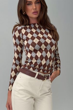 Shonna Boat Neck Long Sleeve Top Argyle