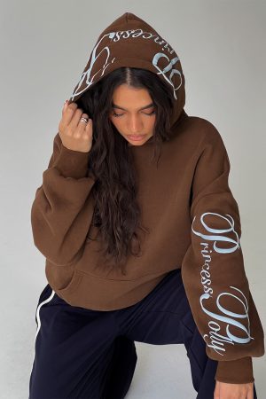 Princess Polly Script Text Graphic Hoodie Brown / Blue