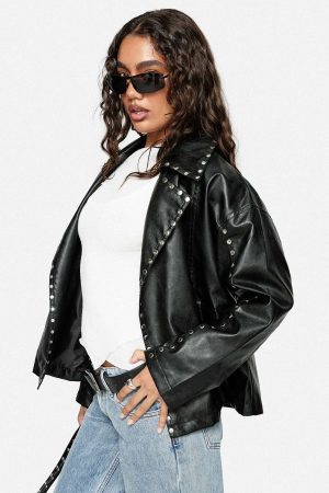 Kaeden Faux Leather Stud Detail Biker Jacket Black