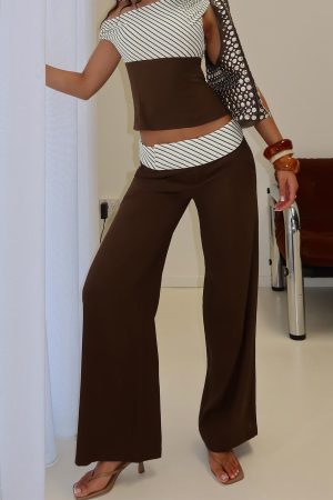 Past Life Fold Over Waistband Pant Brown / Stripe