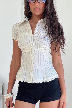 Deserve You Puff Sleeve Button Front Top Cream Stripe Petite
