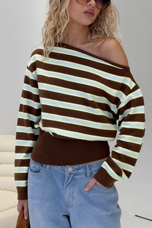 Zinia Off Shoulder Knit Sweater Brown / Blue Stripe