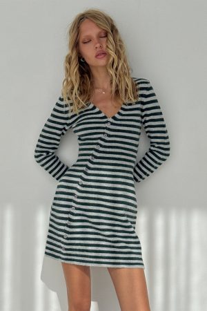 Morgen Asymmetrical Long Sleeve Mini Dress Grey / Green Stripe