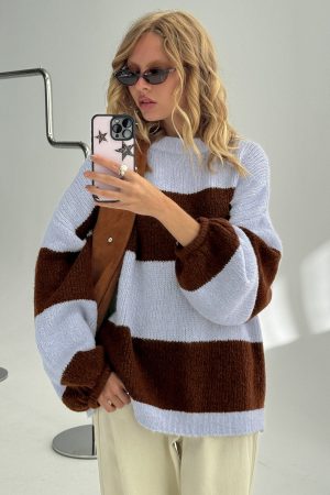 Bastien Crew Neck Knit Sweater Blue / Chocolate Stripe