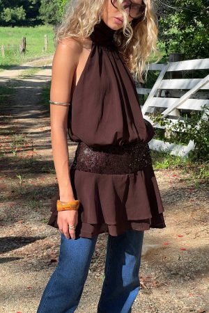 Zenayda Drop Waist Sequin Mini Dress Brown