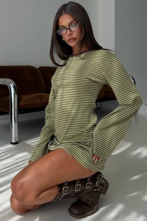 Lulolah Long Sleeve Mini Dress Green / Chocolate Stripe