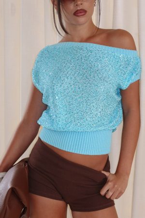 Marysa Sequin Knit Blouson Top Blue