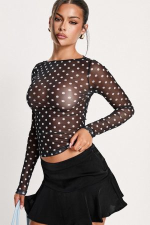 Rosenda Mesh Long Sleeve Top Black / White Polka