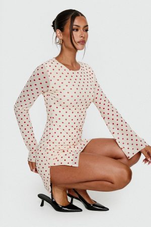 Nyxia Long Sleeve Mini Dress Cream / Red Polka