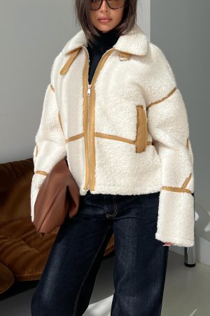 Briane Contrast Teddy Jacket White