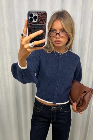 Amandi Zip Through Knit Jumper Navy / Cream