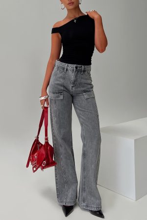 Chad High Rise Flared Cargo Jeans Washed Grey