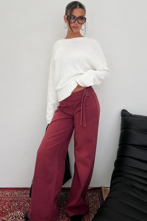 Boxie Mid Rise Wide Leg Jeans Washed Burgundy