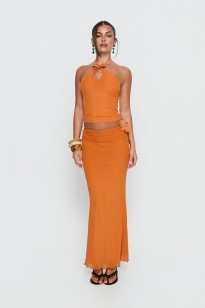 Star Fruit Ruched Waist Maxi Skirt Orange