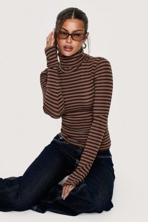 Temika Long Sleeve Backless Top Brown Stripe