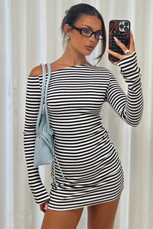 Journi Off Shoulder Long Sleeve Mini Dress Black / White Stripe