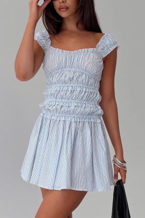 Wonderlust Shirred Mini Dress Blue Stripe