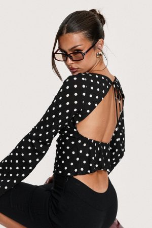 Lady Lady Long Sleeve Backless Top Black / White Polka