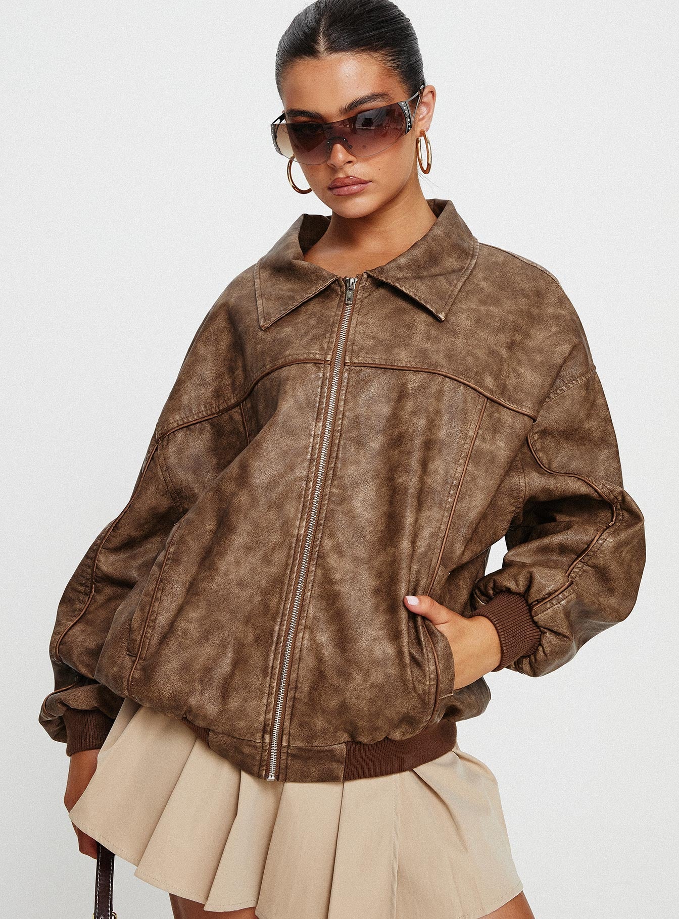 Goldsmith Faux Leather Bomber Jacket Washed Brown - Image 2