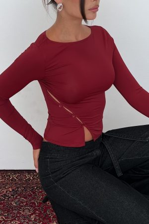 Crowded Room Button Up Long Sleeve Top Wine