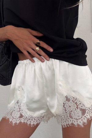 Parisse Satin Lace Trim Shorts Off White