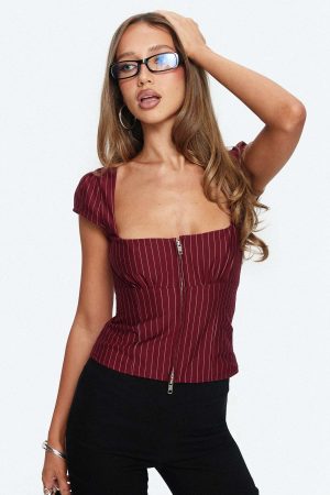 Santa Cruz Zip Through Top Burgundy Pinstripe
