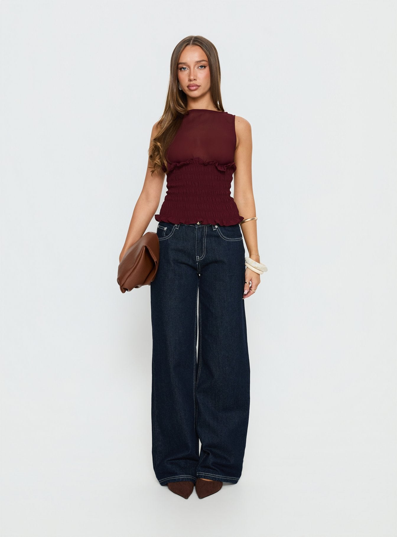 Fever Kiss Chiffon Ruched Top Wine - Image 8