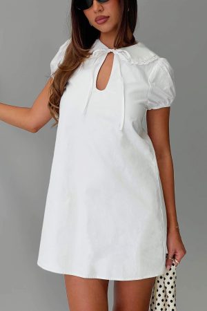 You've Got Mail Lace Trim Keyhole Mini Dress White