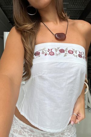 Ahera Floral Detail Strapless Top White