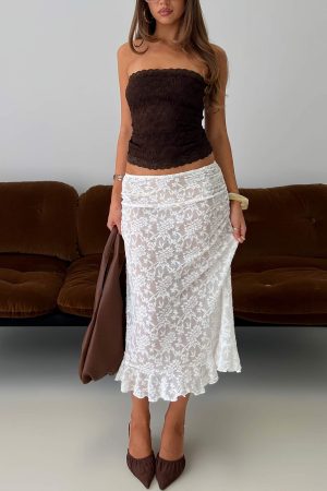 Toscani Lace Frill Midi Skirt White
