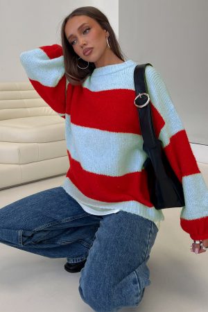 Bastien Crew Neck Knit Sweater Blue / Red
