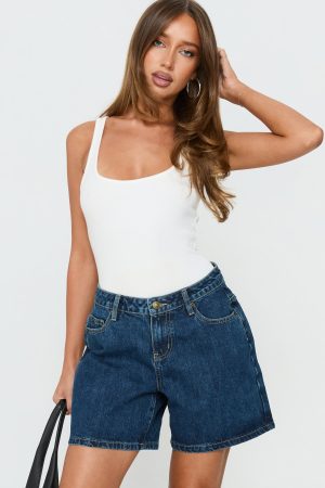 Dreamful Relaxed Longline Denim Shorts Mid Blue Wash